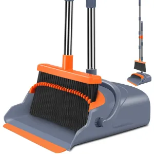 Broom and Dustpan Set, Self-Cleaning with Dustpan Teeth, Indoor & Outdoor Sweeping, Ideal for Dog Cat Pets Home Use, Stand Up Broom and Dustpan