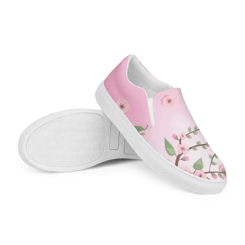 Chic Womens Slip on Canvas Shoes Pink Cherry Blossoms