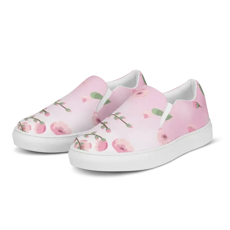 Chic Womens Slip on Canvas Shoes Pink Cherry Blossoms