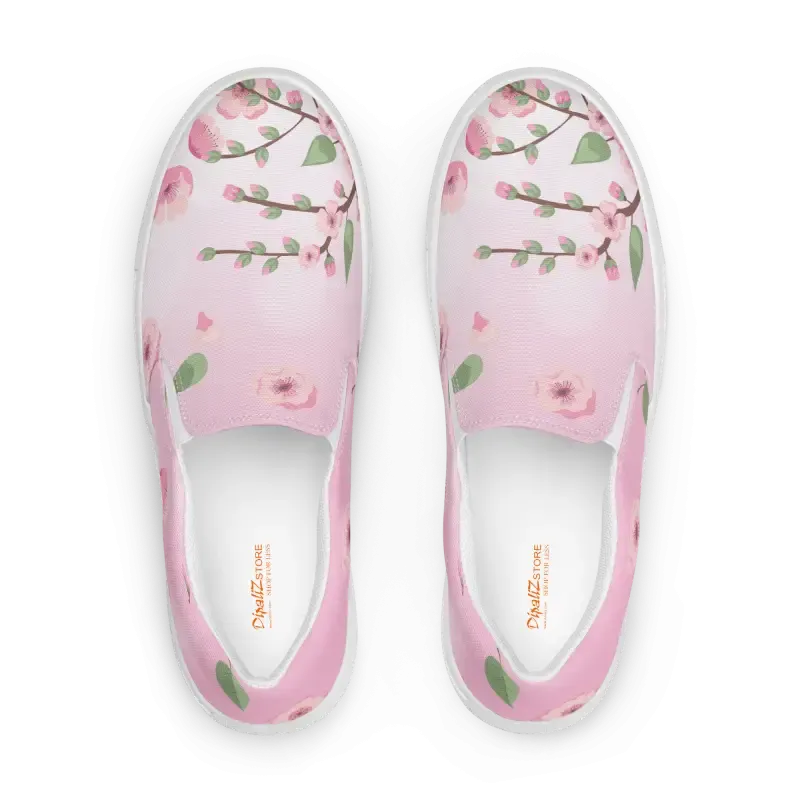 Chic Womens Slip on Canvas Shoes Pink Cherry Blossoms