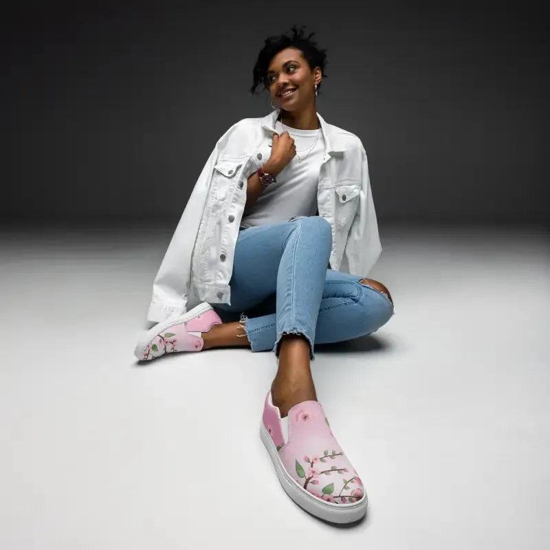 Chic Womens Slip on Canvas Shoes Pink Cherry Blossoms
