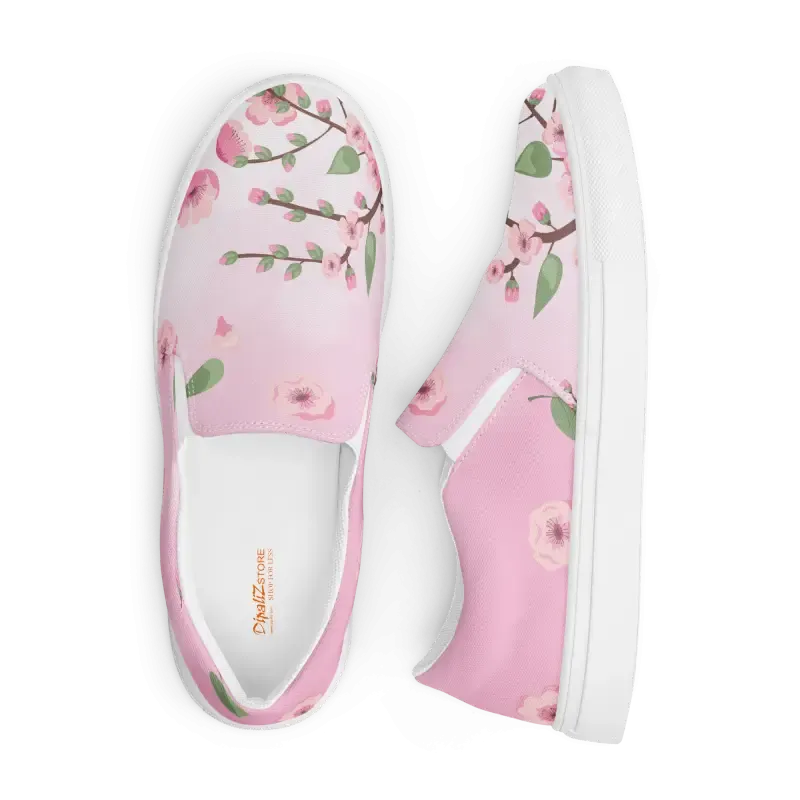 Chic Womens Slip on Canvas Shoes Pink Cherry Blossoms