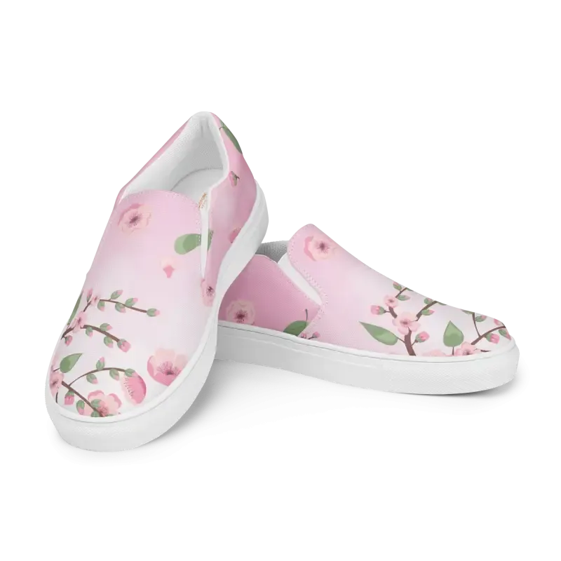 Chic Womens Slip on Canvas Shoes Pink Cherry Blossoms