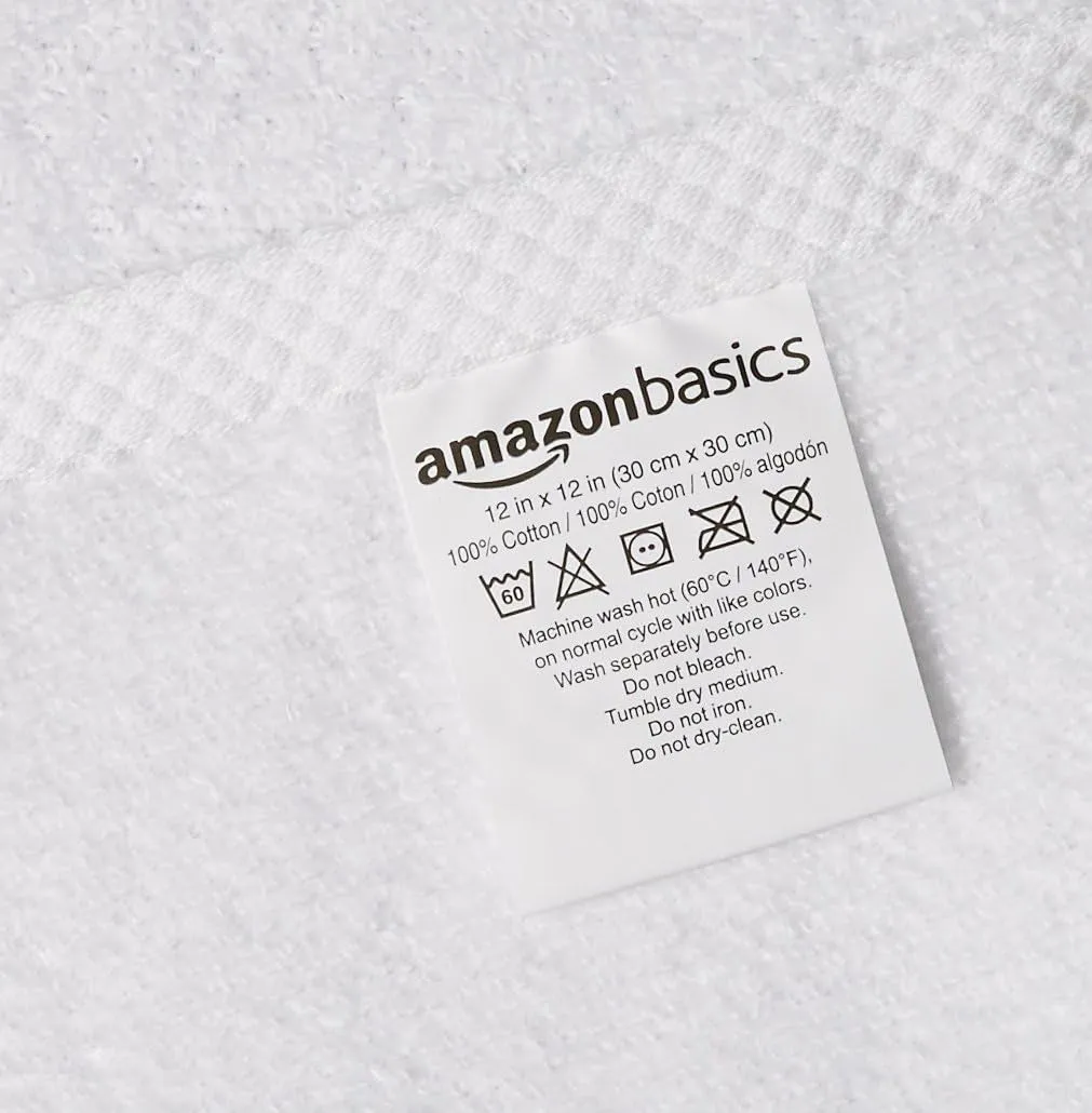 Cotton Washcloths, Quick-Dry, 12" X 12", 12-Pack, White