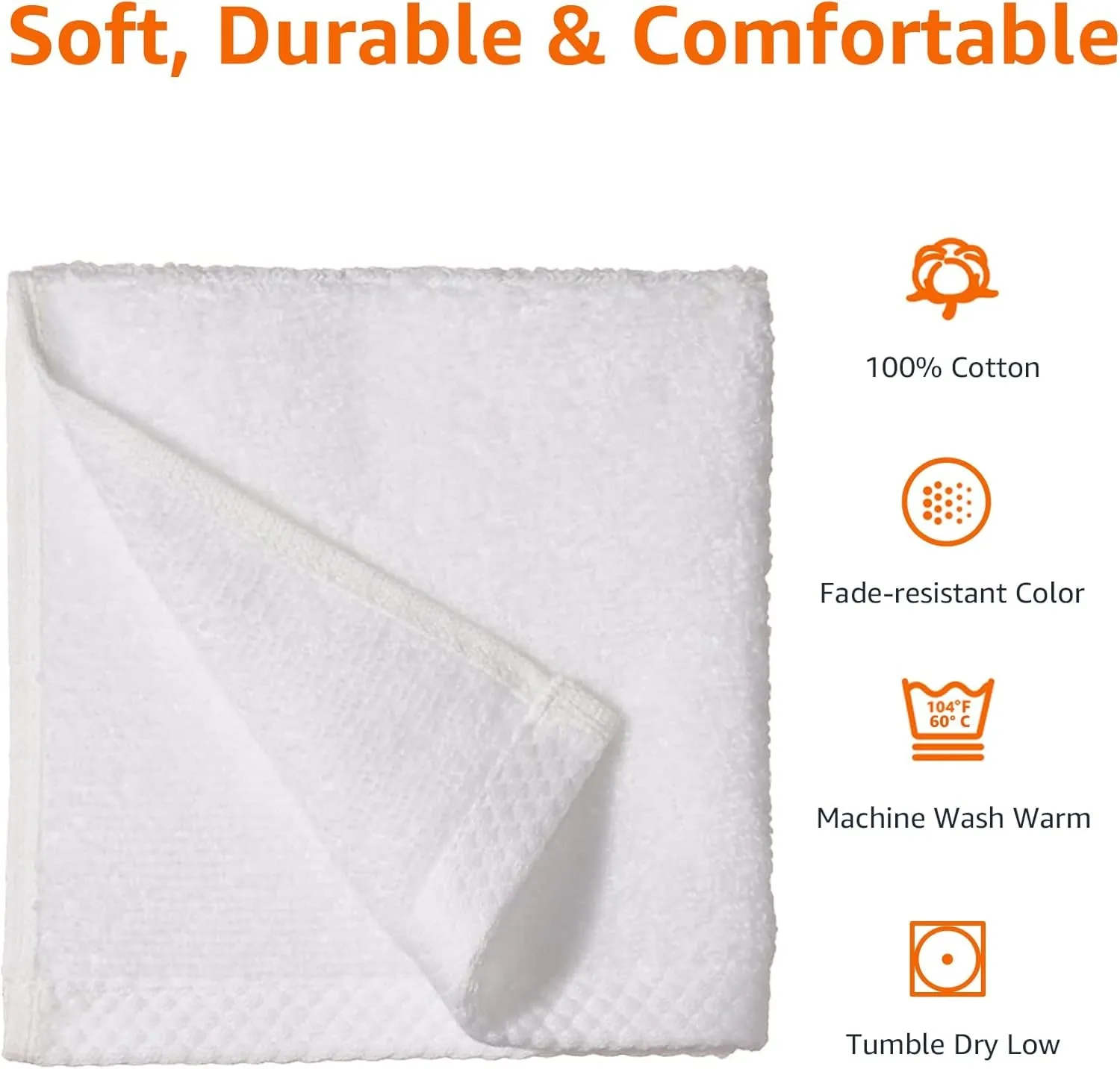 Cotton Washcloths, Quick-Dry, 12" X 12", 12-Pack, White