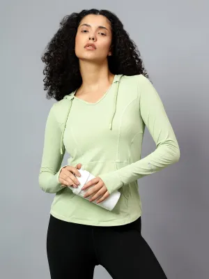 Fitkin Women's Green Self Design Longsleeve Hooded Tshirt