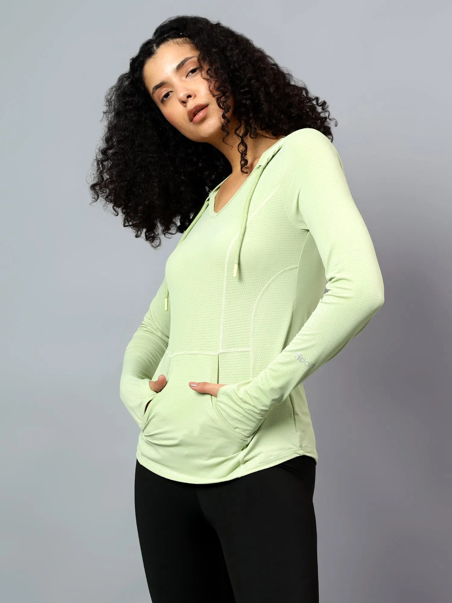 Fitkin Women's Green Self Design Longsleeve Hooded Tshirt