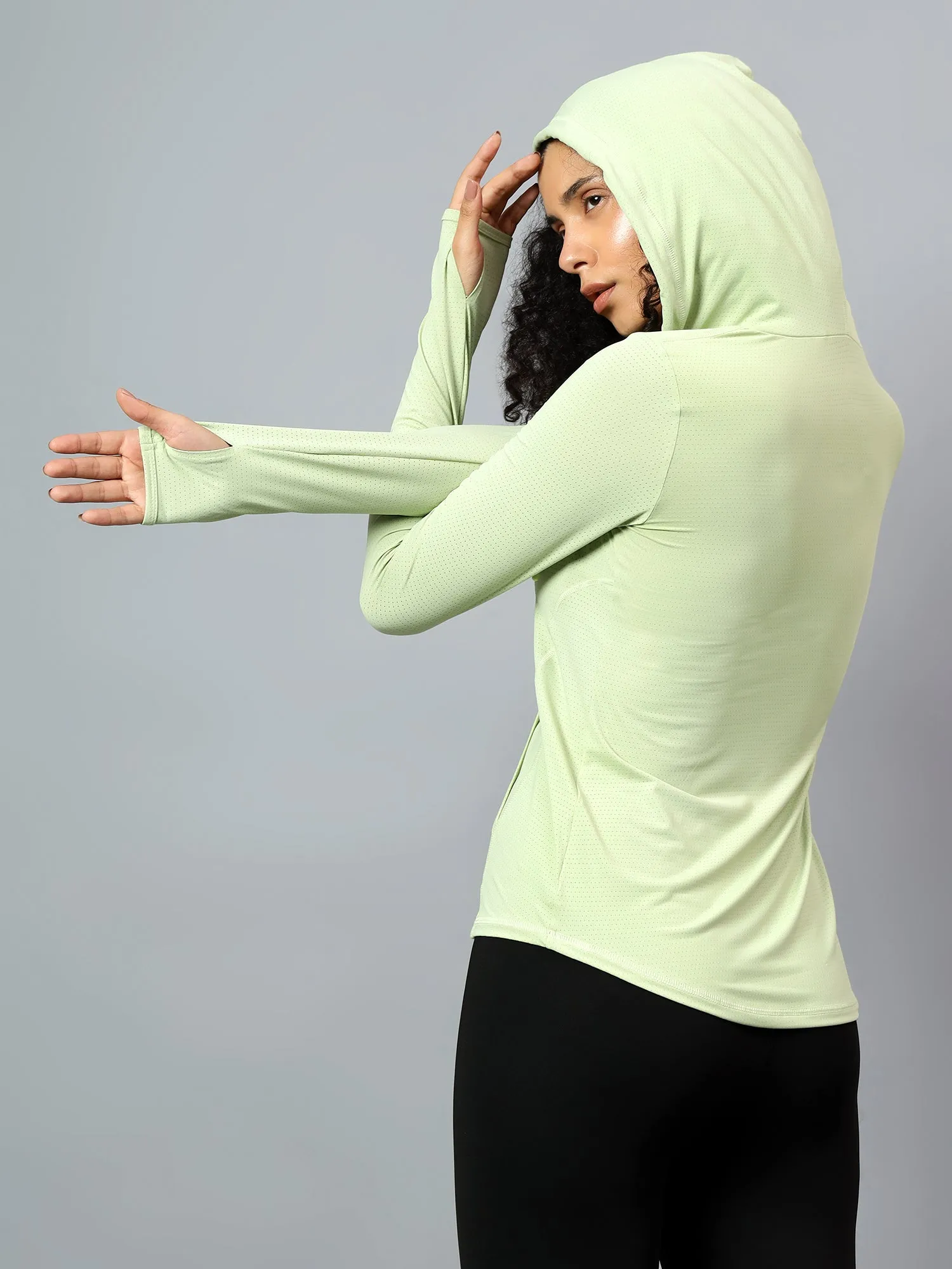 Fitkin Women's Green Self Design Longsleeve Hooded Tshirt