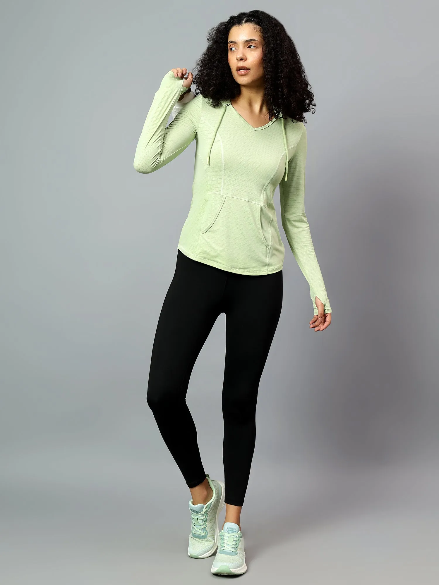 Fitkin Women's Green Self Design Longsleeve Hooded Tshirt