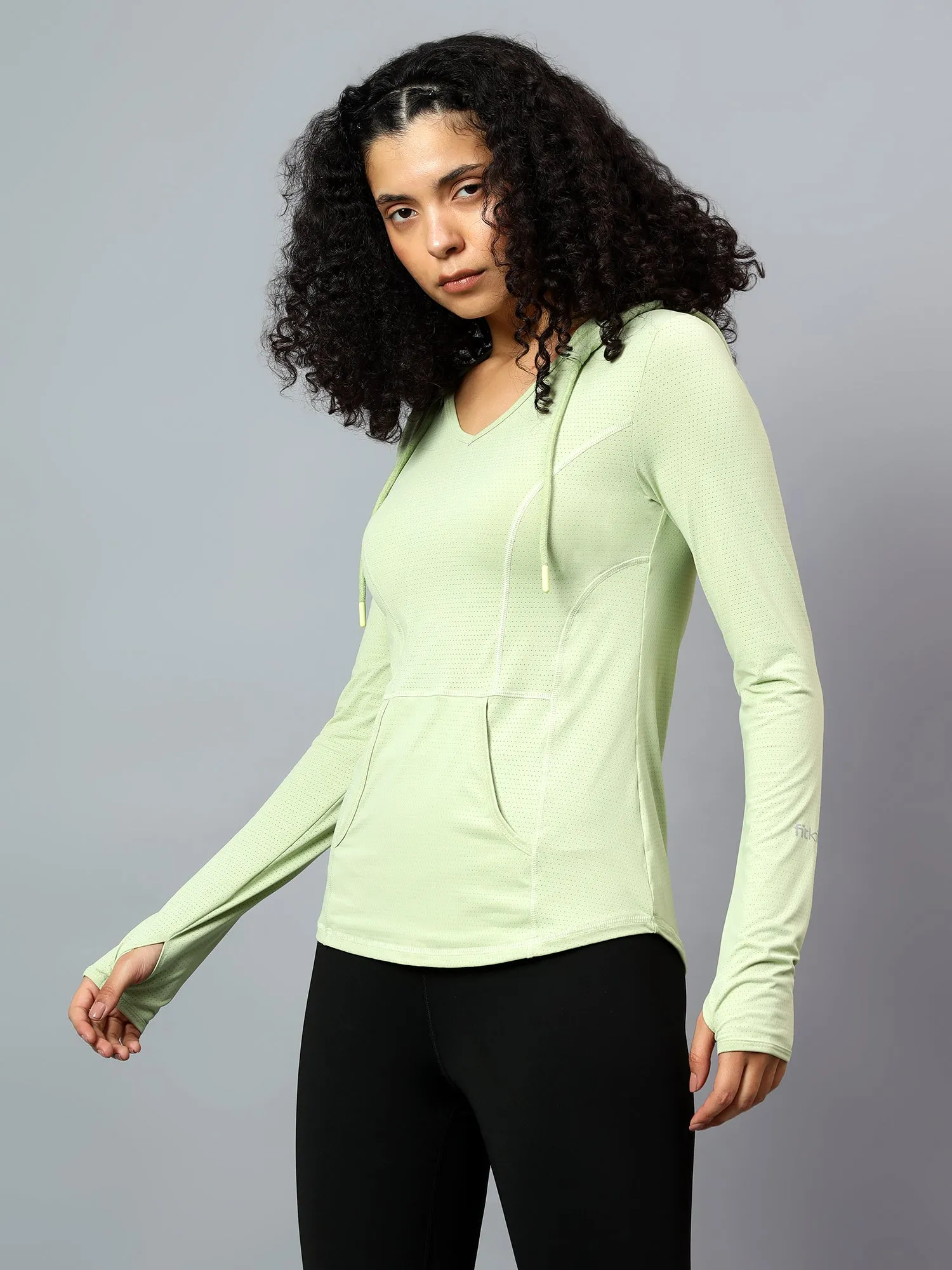 Fitkin Women's Green Self Design Longsleeve Hooded Tshirt