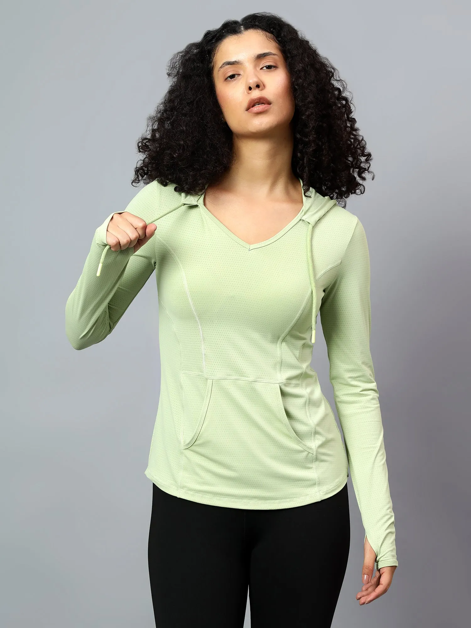 Fitkin Women's Green Self Design Longsleeve Hooded Tshirt