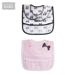 Hudson Baby 2 Pk PEVA Easy Clean Bibs With Crumb Catcher Pocket Black Bow