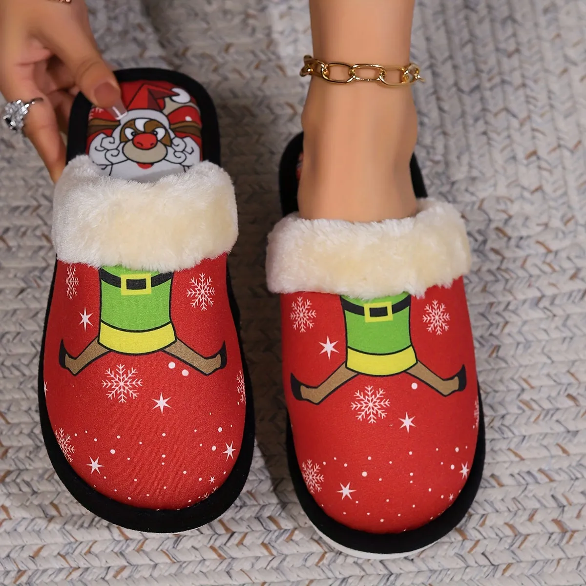 Kerstin - Cartoon Pantoffels met Kerstmanprint, Warme Antislip Thuispantoffels