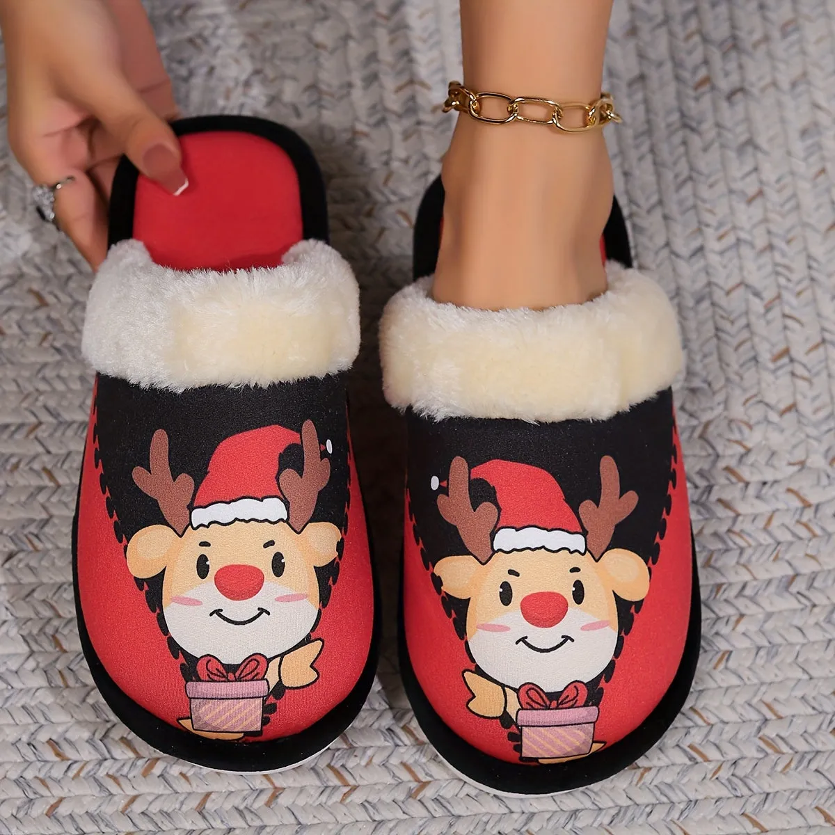 Kerstin - Cartoon Pantoffels met Kerstmanprint, Warme Antislip Thuispantoffels