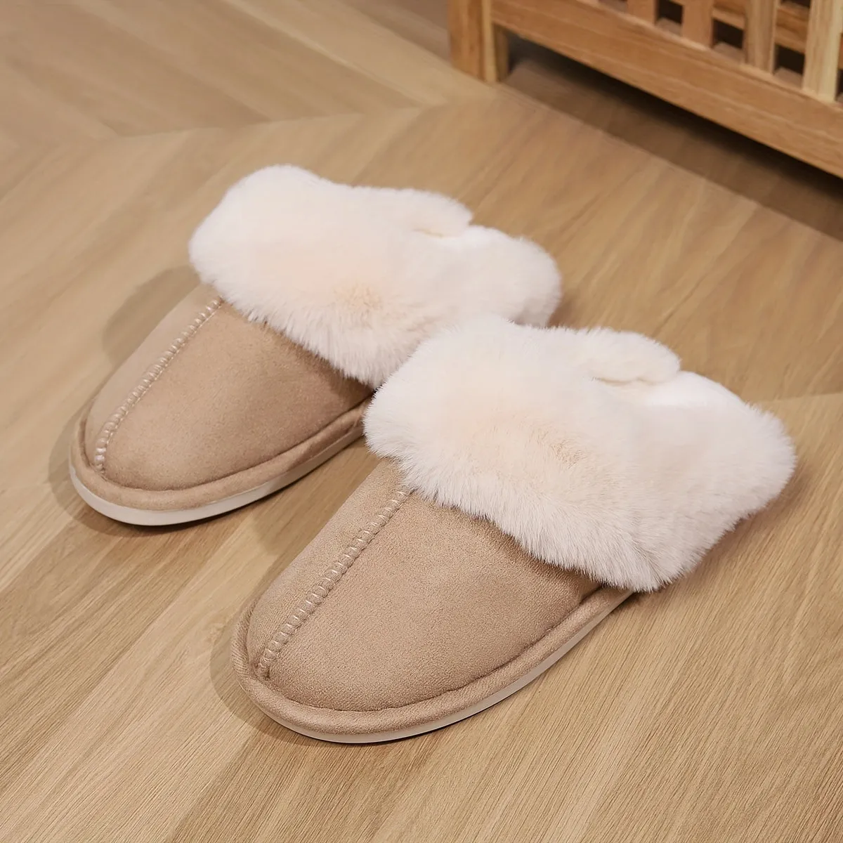 Mila – Warme Pantoffels, Pluizige Platte Schoenen met Gesloten Teen en Antislipzool
