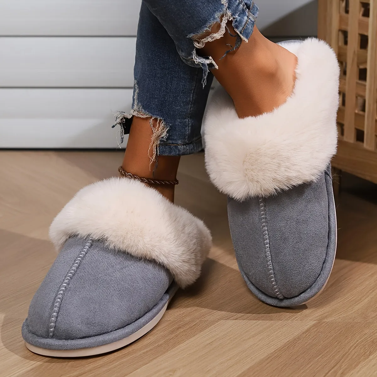 Mila – Warme Pantoffels, Pluizige Platte Schoenen met Gesloten Teen en Antislipzool