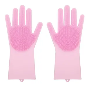 Multi Purpose Silicone Dishwashing Gloves with Bristles (Pink)