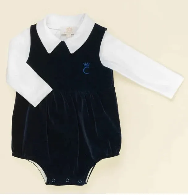 Navy Velour Romper With C Crowne