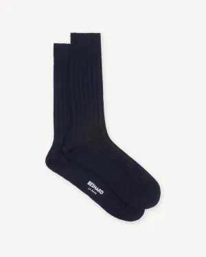 Navy Wide Rib Wool Socks