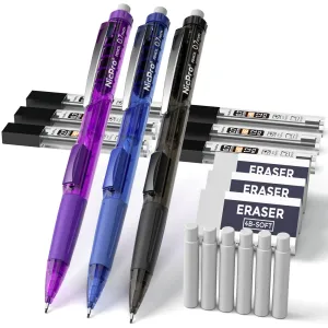 Nicpro 0.7mm Mechanical Pencil Set, 3 PCS Quick Side Click Pencil with 3 PCS Eraser and 6 Tubes Lead Refill Eraser Refills Case for Drawing, Writing, Drafting, Sketching