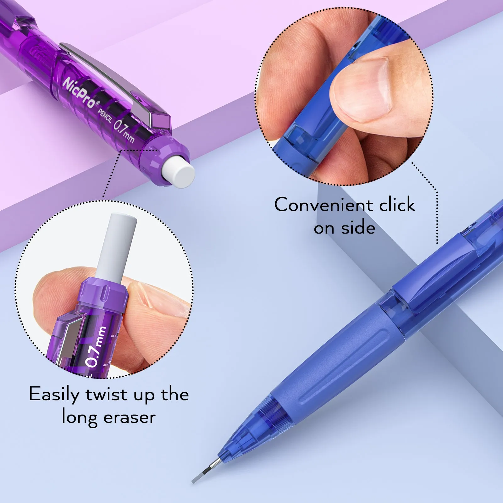 Nicpro 0.7mm Mechanical Pencil Set, 3 PCS Quick Side Click Pencil with 3 PCS Eraser and 6 Tubes Lead Refill Eraser Refills Case for Drawing, Writing, Drafting, Sketching