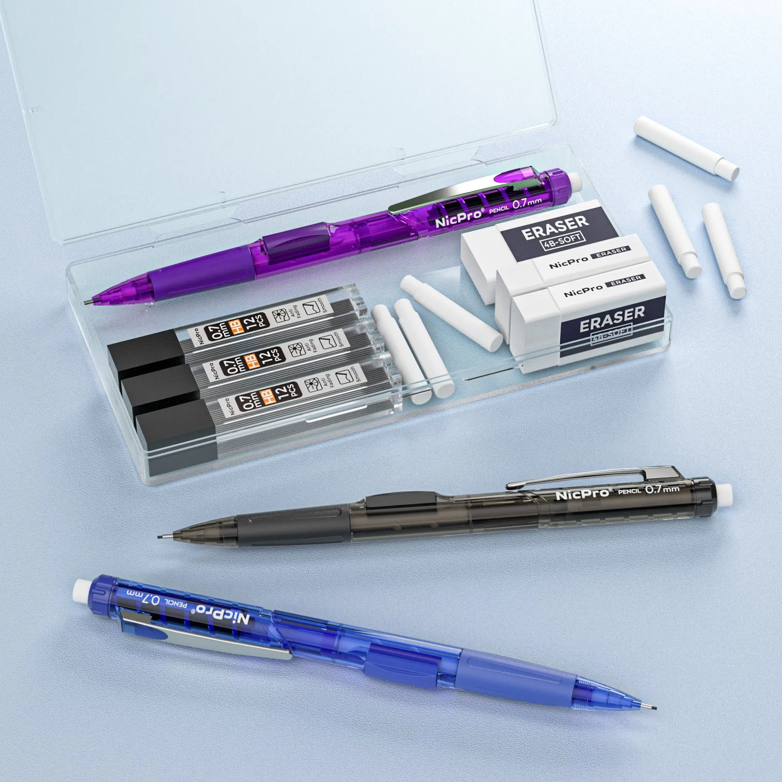 Nicpro 0.7mm Mechanical Pencil Set, 3 PCS Quick Side Click Pencil with 3 PCS Eraser and 6 Tubes Lead Refill Eraser Refills Case for Drawing, Writing, Drafting, Sketching