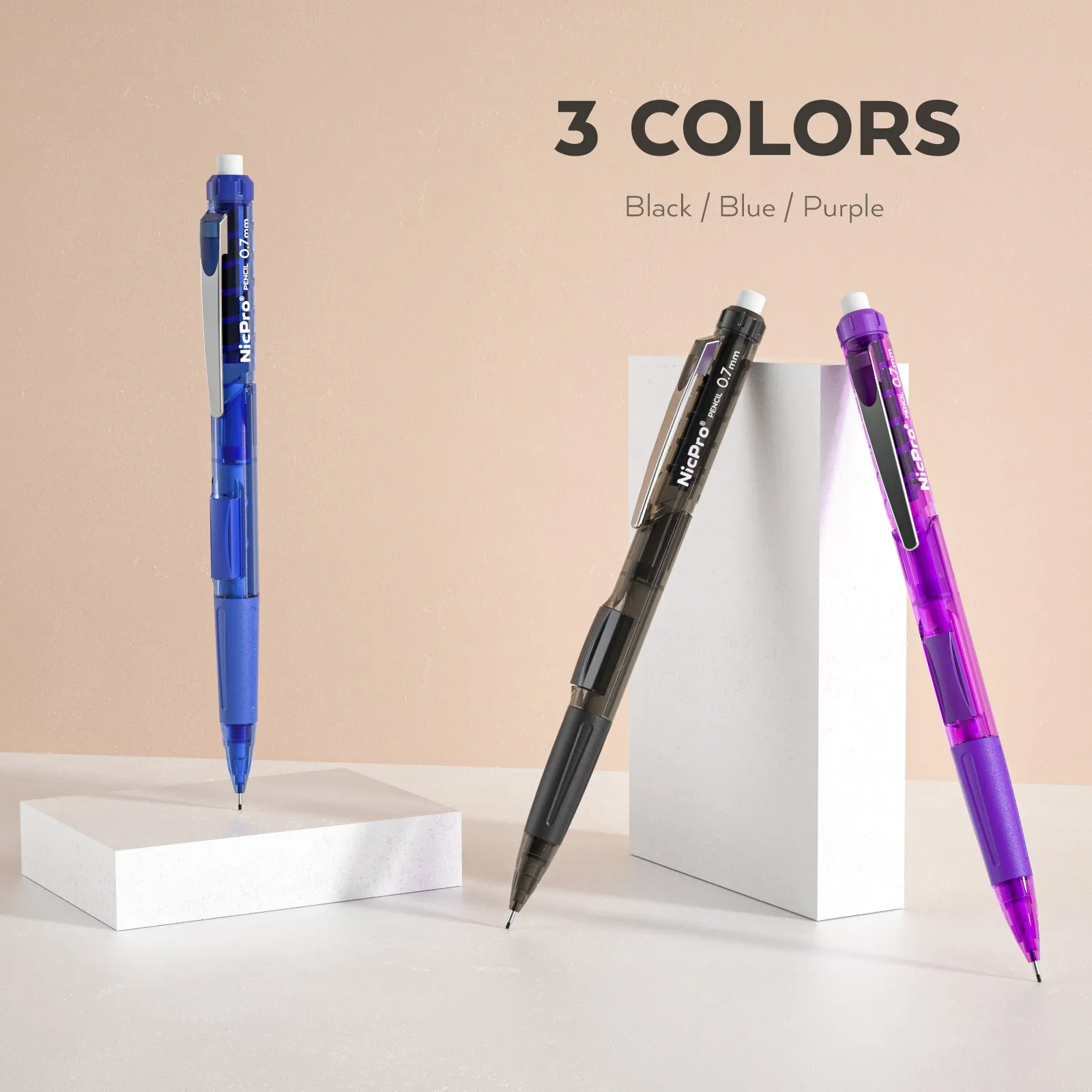Nicpro 0.7mm Mechanical Pencil Set, 3 PCS Quick Side Click Pencil with 3 PCS Eraser and 6 Tubes Lead Refill Eraser Refills Case for Drawing, Writing, Drafting, Sketching
