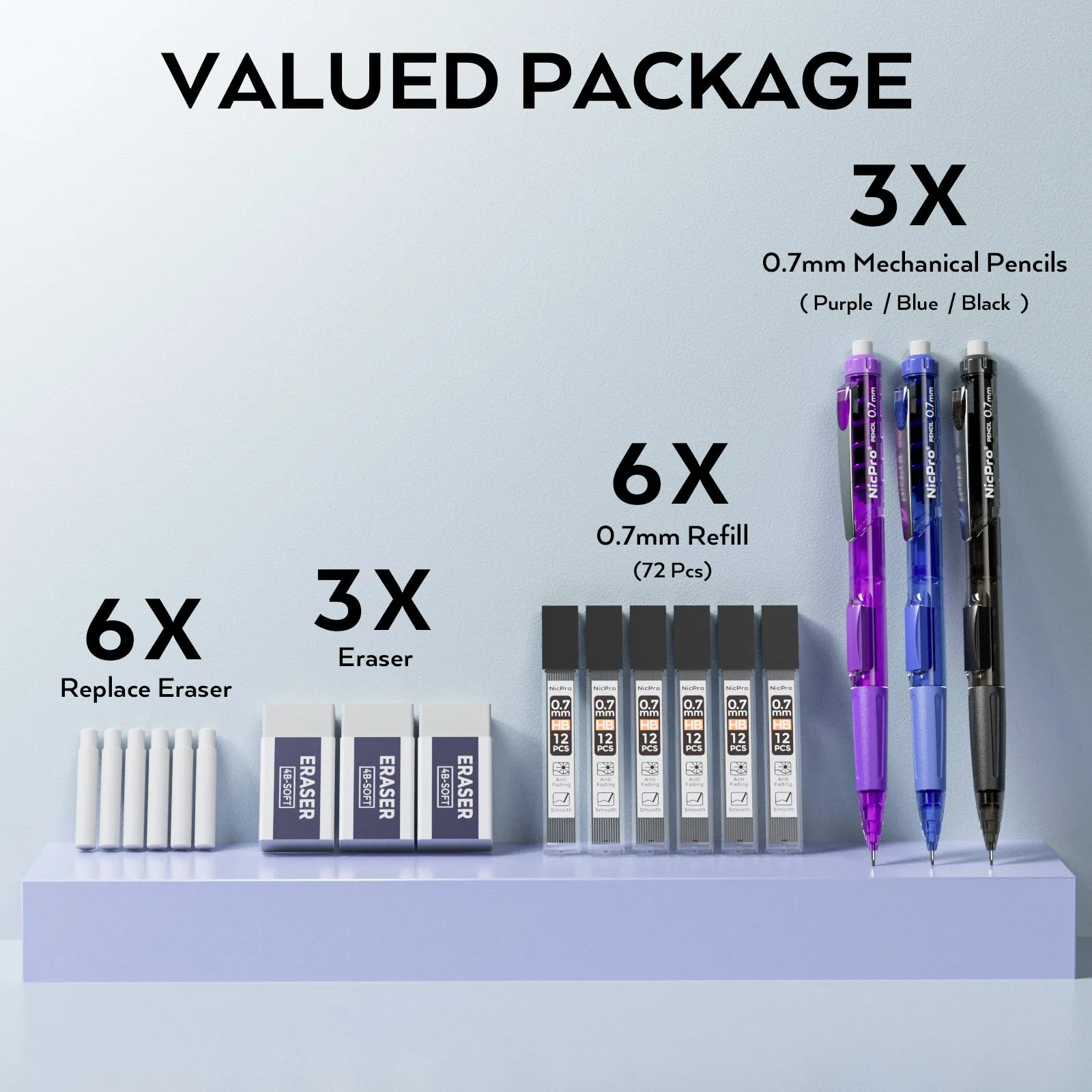 Nicpro 0.7mm Mechanical Pencil Set, 3 PCS Quick Side Click Pencil with 3 PCS Eraser and 6 Tubes Lead Refill Eraser Refills Case for Drawing, Writing, Drafting, Sketching