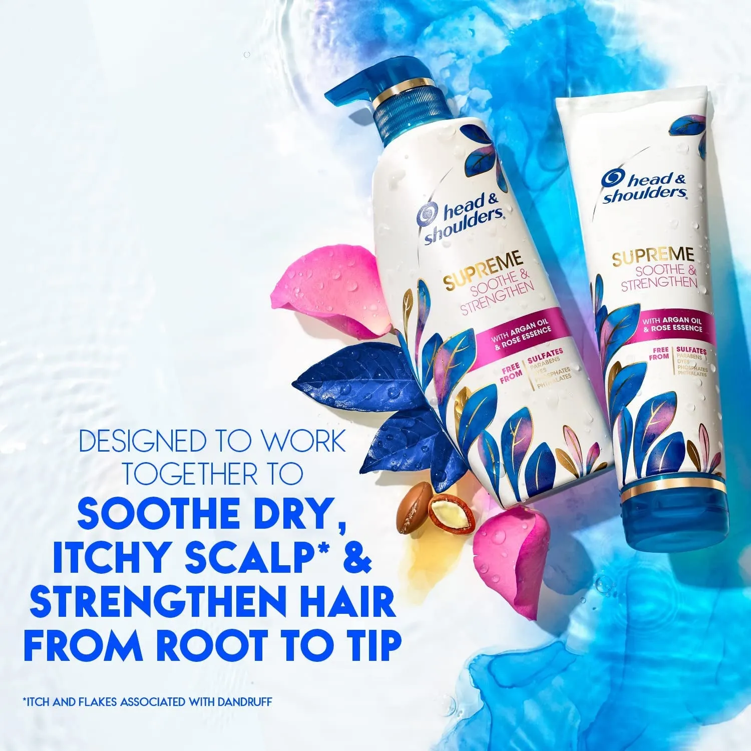 Supreme Sulfate Free Shampoo and Conditioner Set for Dry Scalp and Dandruff Treatment, Soothe and Strengthen with Argan Oil and Rose Essence, 21.2 Fl Oz