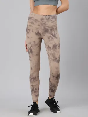 Women's Beige & Black Tie & Dye Printed Quick Dry Training Tights