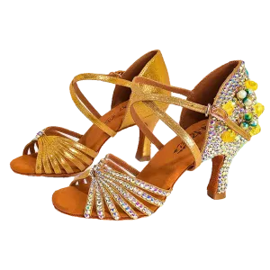 Yellow Gemstones Competition Latin Dance Shoes for Women Girls Kids High Heel Children Salsa Rumba Chacha Tango Latin Dance Shoes Soft Soles