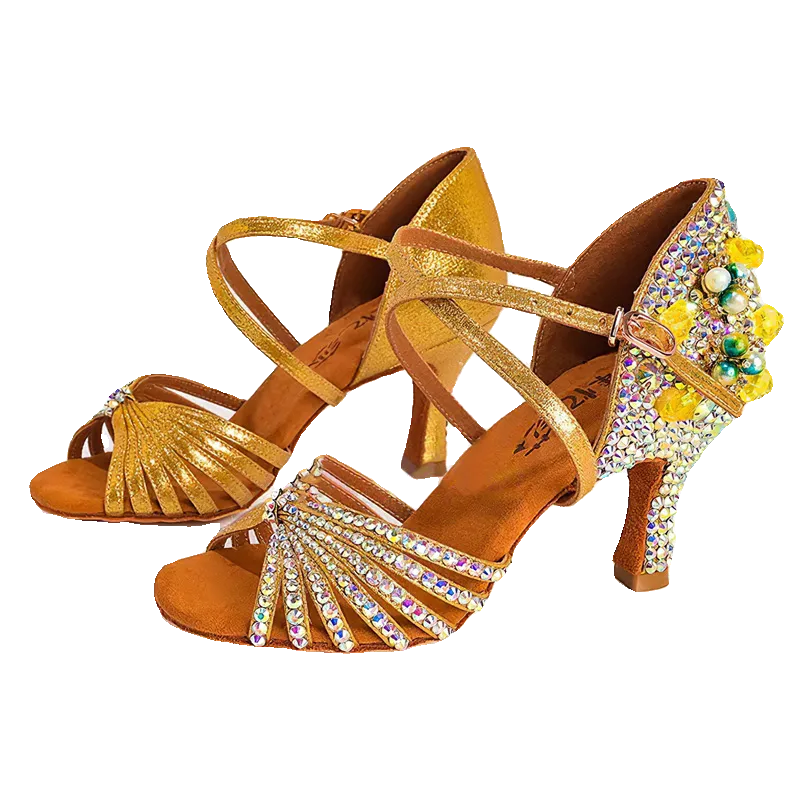 Yellow Gemstones Competition Latin Dance Shoes for Women Girls Kids High Heel Children Salsa Rumba Chacha Tango Latin Dance Shoes Soft Soles